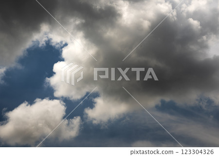 Dramatic dark storm rain clouds black sky background. Dark thunderstorm clouds rainny atmosphere. Meteorology danger windstorm disasters climate. Dark cloudscape storm disaster gloomy gray cloud sky 123304326