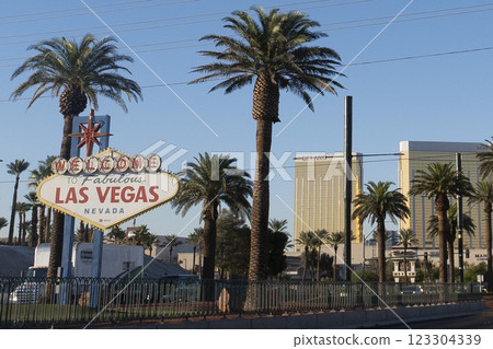 Palm trees and Las Vegas sign and cityscape Palm trees and Las Vegas sign and cityscape 123304339