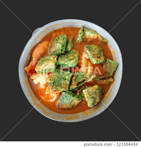 Spicy and sour soup with acacia omelet and prawn on plate, Thai food 123304484