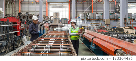 Two workers collaborate in a busy factory, examining machinery with metal coils in the background. The environment is well-lit and organized, showcasing industrial activity. Two workers collaborate in a busy factory, examining machinery with metal coils in the background. The environment is well-lit and organized, showcasing industrial activity. 123304485