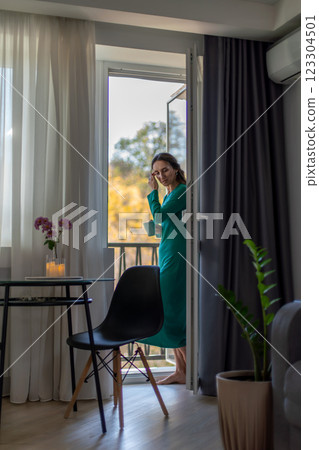 Woman Balcony Apartment Dress: Relaxing Outdoors, Modern Interior, Summer Day. Woman Balcony Apartment Dress: Relaxing Outdoors, Modern Interior, Summer Day. 123304501