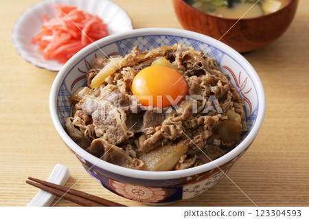 看起來美味的牛肉蓋飯配上蛋黃 看起來美味的牛肉蓋飯配上蛋黃 123304593