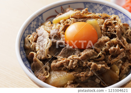 A delicious-looking beef bowl topped with egg yolk 123304621