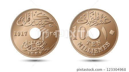 Egyptian vector coin 10 milliemes 1917 on white isolated background. 123304968