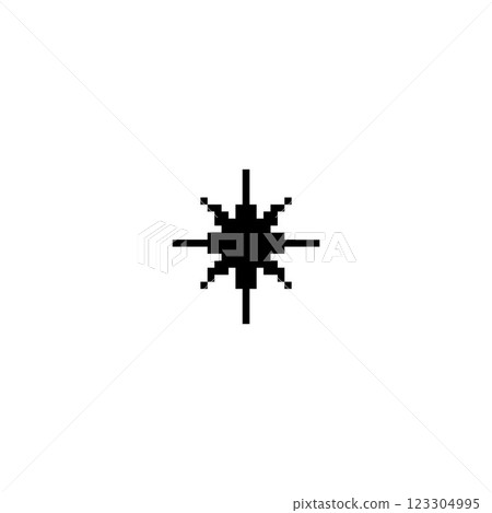 Black star shape pixel art, Y2K symbol snowflake vector icon, shiny game pixeled sparkle star retro 8 bit decoration Black star shape pixel art, Y2K symbol snowflake vector icon, shiny game pixeled sparkle star retro 8 bit decoration 123304995