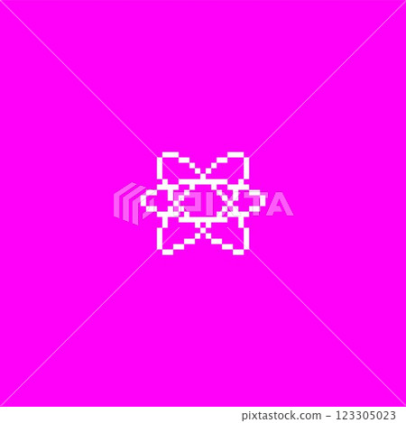 Vector illustration of a pixelated atom symbol in white on a bright pink isolated background. 123305023