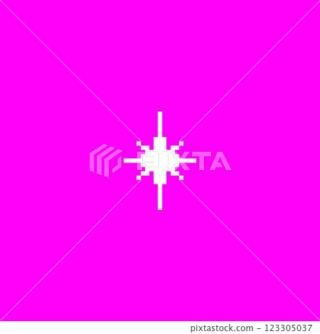 White sparkle star shape pixel art on pink background, vector glitter retro 8 bit Y2K symbol, shiny game flash effect 123305037