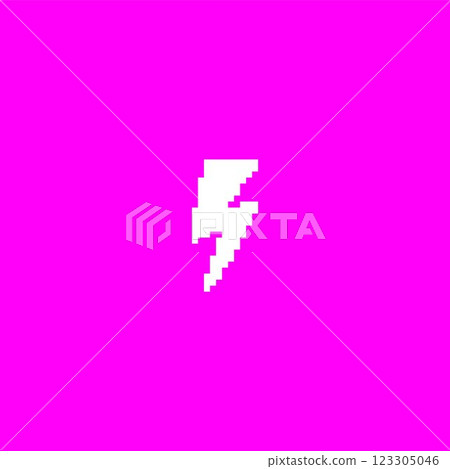 White flash lightning silhouette on pink background, Y2K pixel art, vector 8 bit retro thunderbolt, high voltage sign 123305046
