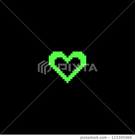 Y2K heart outline icon pixel art, vector green silhouette heart shape with squared contour on black, Love 8 bit symbol Y2K heart outline icon pixel art, vector green silhouette heart shape with squared contour on black, Love 8 bit symbol 123305060
