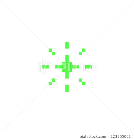 Futuristic pixel art of a shining snowflake or star in bright green. 8 bit retro style. Futuristic pixel art of a shining snowflake or star in bright green. 8 bit retro style. 123305061