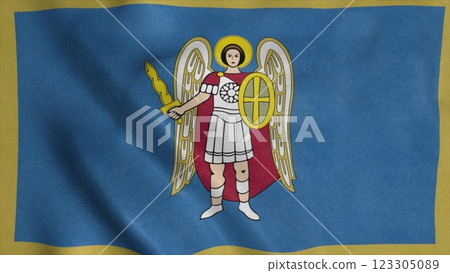 Flag of Kyiv, capital city of Ukraine waving in wind. Realistic flag background. 3d illustration 123305089