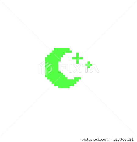 Pixel crescent moon with stars. Retro geometric Y2K icon in bright green color. Pixel crescent moon with stars. Retro geometric Y2K icon in bright green color. 123305121