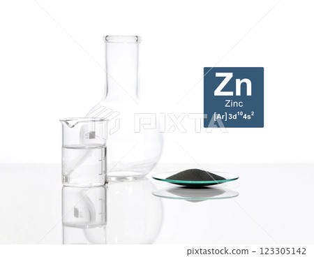 Close up chemical ingredient on white laboratory table. Zinc Powder in Chemical Watch Glass with Symbol, Name and Electron Configuration. Close up chemical ingredient on white laboratory table. Zinc Powder in Chemical Watch Glass with Symbol, Name and Electron Configuration. 123305142