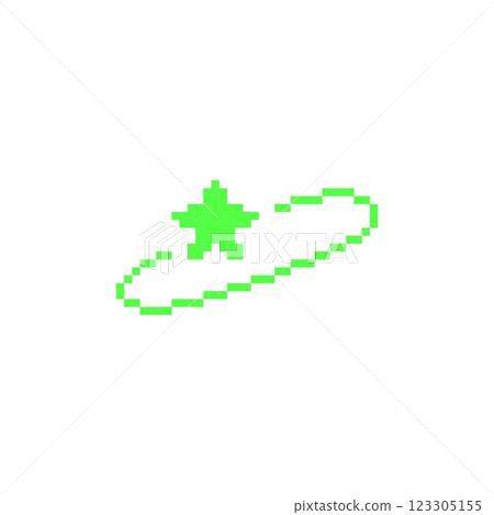 Green star with ring Y2K vector icon pixel art, star in circle with squared contour, galaxy or space game 8 bit symbol 123305155
