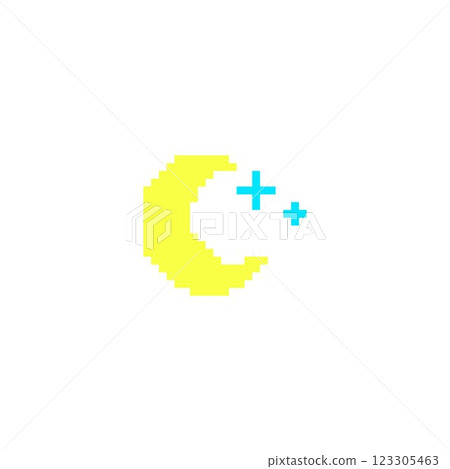 Yellow crescent moon with blue stars Y2K vector icon pixel art, space game 8 bit retro symbol, Islamic religion sign 123305463