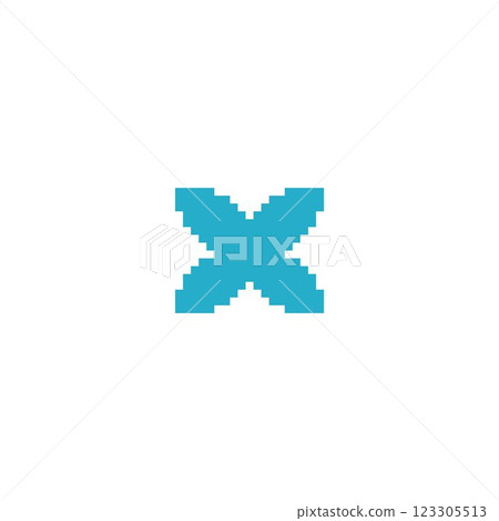Abstract pixel shape of cross or letter X, blue color. Vector illustration of retro y2k style. Abstract pixel shape of cross or letter X, blue color. Vector illustration of retro y2k style. 123305513