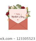 Happy Mother's Day concept.Mother's day greeting card. Festive greeting poster. Envelope with letter, flowers and heart.I love you,Mom. 123305523