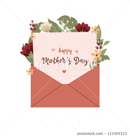 Happy Mother's Day concept.Mother's day greeting card. Festive greeting poster. Envelope with letter, flowers and heart.I love you,Mom. 123305523