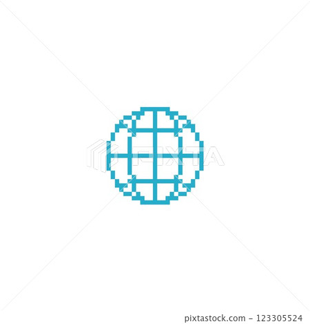 Earth planet globe Y2K icon pixel art, game world symbol 8 bit retro style, vector graphic blue sphere wireframe sign 123305524