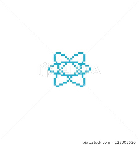 Blue orbital rings pixel art, abstract Y2K circles swirl symbol with squared contour, retro 8 bit science vector design 123305526