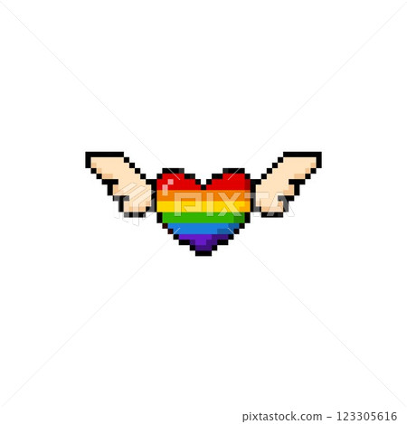 Vector illustration of pixel rainbow heart with wings. Vintage 8 bit retro game icon. 123305616
