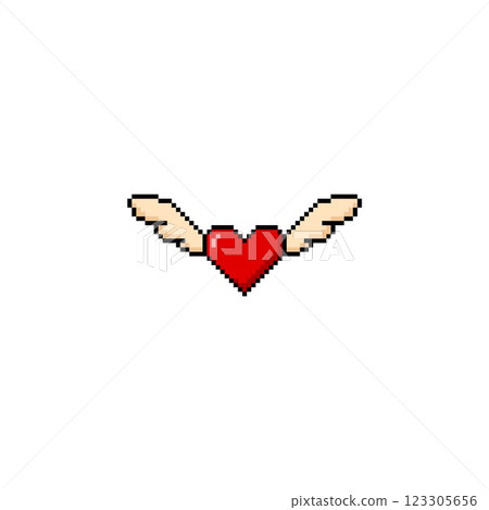 Red heart with wings pixel art Y2K vector icon, flying heart shape squared contour retro emoji, freedom love symbol 8bit 123305656