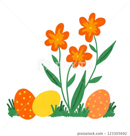 hand drawn happy easter eggs of yellow orange color with ornament with flowers green leaves. Colored religious Christian symbols for cards design celebration banner, simple minimalist design for hand drawn happy easter eggs of yellow orange color with ornament with flowers green leaves. Colored religious Christian symbols for cards design celebration banner, simple minimalist design for 123305692