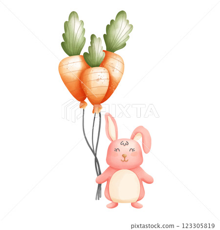 rabbit with balloons and a bouquet of flowers 123305819