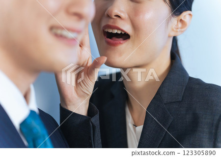 Male and female business people having a secret conversation 123305890