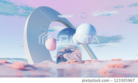 3d render, Futuristic white arch structure with floating spheres and mirror reflection on colorful landscape 123305967