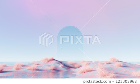 3d render, Pastel pink and blue abstract landscape with a transparent arch structure and reflective surface 123305968