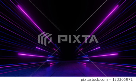 3d render, Abstract neon laser lines in purple and blue creating futuristic perspective 3d render, Abstract neon laser lines in purple and blue creating futuristic perspective 123305971