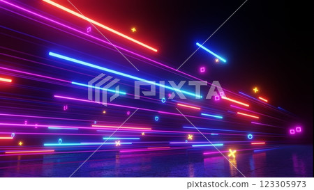 3d render, Neon light streaks in vibrant pink, blue, and yellow creating dynamic and futuristic atmosphere 3d render, Neon light streaks in vibrant pink, blue, and yellow creating dynamic and futuristic atmosphere 123305973