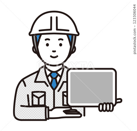 一名工人使用平板電腦進行解說 一名工人使用平板電腦進行解說 123306044