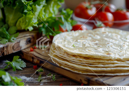 Stack of tortillas with fresh ingredients on a wooden board. 123306151