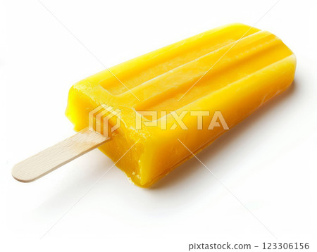 Tasty mango ice cream on a wooden stick. Mango popsicle isolated on white background. 123306156