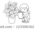 一個女孩蹲著觀察牽牛花 123306162