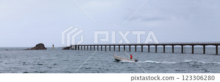 Fisherman sailing on a small boat in front of the estacade of Roscoff 123306280