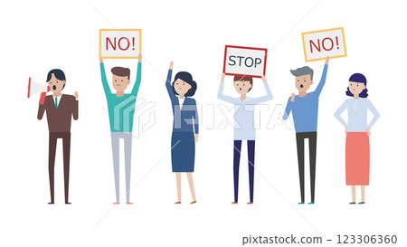 Demonstrators holding placards reading "NO" and "STOP" 123306360