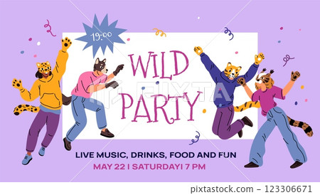 Animal masked people carnival. Modern teen subculture. Funny quadrobers. Party invitation. Pets cosplay. Wildlife imitation costumes. Quadrobica holiday. Garish vector event banner design Animal masked people carnival. Modern teen subculture. Funny quadrobers. Party invitation. Pets cosplay. Wildlife imitation costumes. Quadrobica holiday. Garish vector event banner design 123306671