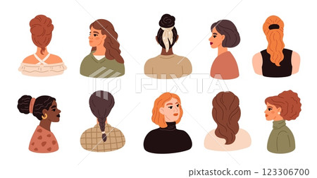 Female portraits. Different hairstyles. Femininity diversity. Tenderness and beauty. Beautiful multinational women characters. Heads and shoulders. Stylish haircuts. Garish vector set 123306700