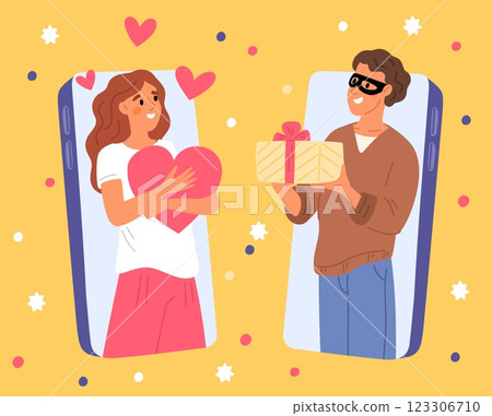 Male telephone love scammer. Dating application. Fake feeling. Couple communication. Man cheating woman. Smartphone app. Beloved girl. Phone crime. Cheater giving gift. Vector concept Male telephone love scammer. Dating application. Fake feeling. Couple communication. Man cheating woman. Smartphone app. Beloved girl. Phone crime. Cheater giving gift. Vector concept 123306710