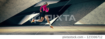Banner. Composite collage of focused on victory woman sprinting with intensity through urban, futuristic city environment. Champion spirit. 123306712