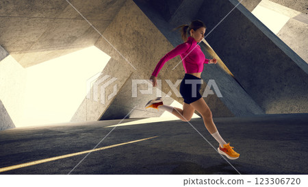 Composite collage of young female athlete sprinting with determination in futuristic urban architecture. Concept of sport, endurance, competition 123306720