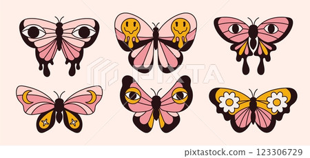 Psychedelic butterflies. Groovy hippie insects. Patterned bug wings. Boho style. Vintage objects. Color eyes, daisy flowers and emoticons. Flying mole. Summer moth. Garish vector set Psychedelic butterflies. Groovy hippie insects. Patterned bug wings. Boho style. Vintage objects. Color eyes, daisy flowers and emoticons. Flying mole. Summer moth. Garish vector set 123306729