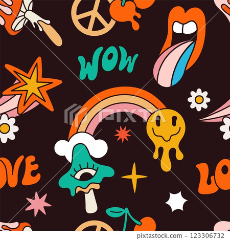 Retro groovy elements seamless pattern. Hippie 60s symbols. 70s trip objects. Psychedelic repeated stickers. Melting emoticon. Hallucinogenic mushroom. Star comet. Garish vector background Retro groovy elements seamless pattern. Hippie 60s symbols. 70s trip objects. Psychedelic repeated stickers. Melting emoticon. Hallucinogenic mushroom. Star comet. Garish vector background 123306732