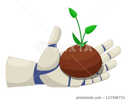 Robot hand holding sprout. Innovation technology. Android growing plant. Cyborg caring of seedling. Robotic palm with soil. Artificial intelligence. Futuristic gardening. Vector concept 123306733