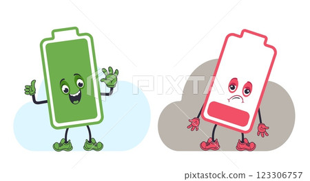 Two cartoon batteries. Green charged and red discharged mascots. Low energy. Full charging. Electrical power. Rechargeable accumulators. Overworked and active chargers. Vector concept Two cartoon batteries. Green charged and red discharged mascots. Low energy. Full charging. Electrical power. Rechargeable accumulators. Overworked and active chargers. Vector concept 123306757