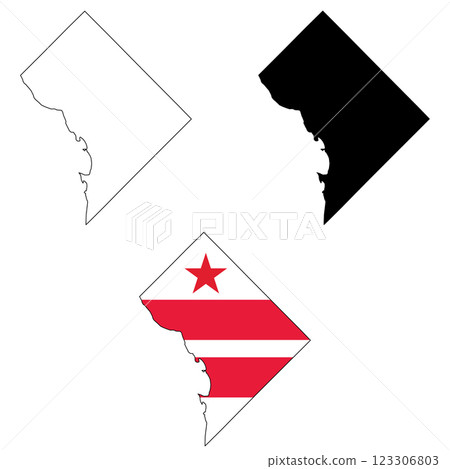 Washington DC flag map on white background. Outline map of Washington DC. Washington Map vector map silhouette. flat style. Washington DC flag map on white background. Outline map of Washington DC. Washington Map vector map silhouette. flat style. 123306803