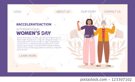 IWD 2025 Landing design International Women's Day, featuring two women raising fists in unity, surrounded by floral art and decorative elements, promoting equality and empowerment. 123307102